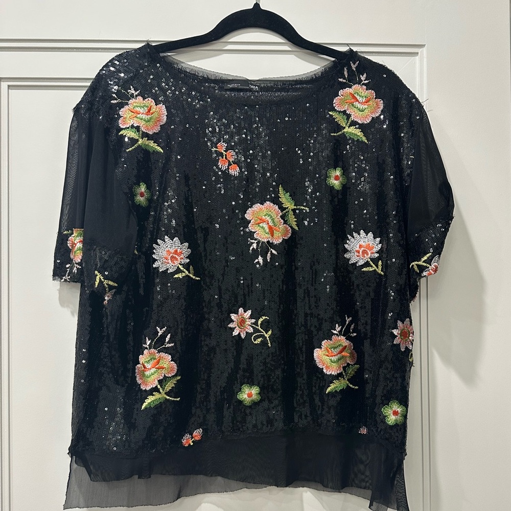 Zara Sequin With Embroidered Flowers Blouse
